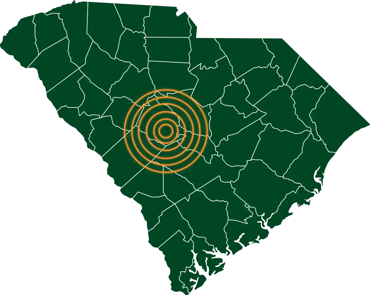 Map showing Shealey's service area for tree services in Lexington, SC.